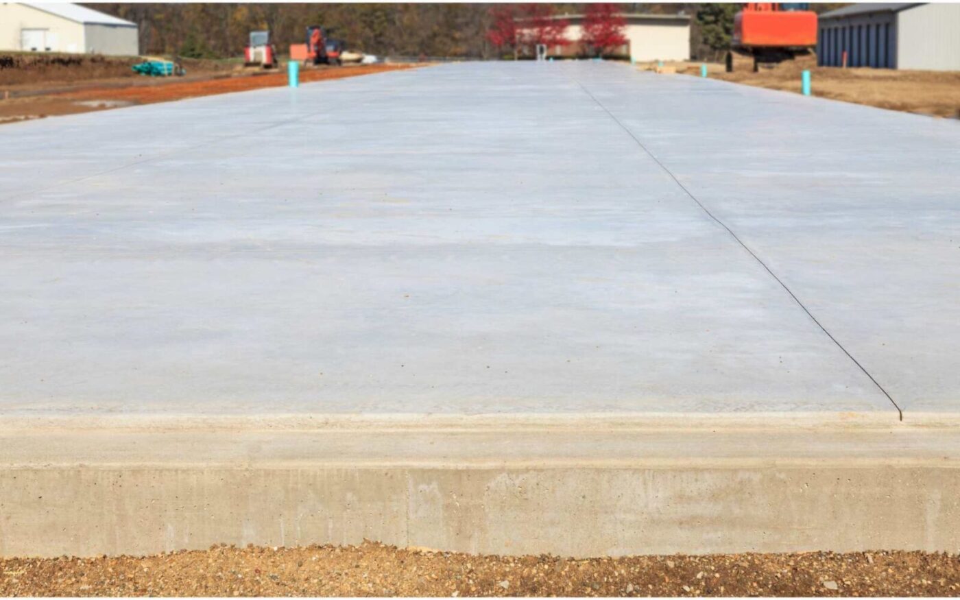 A newly constructed, smooth concrete slab stretches into the distance on a construction site by Naples Concrete Solutions. There are some blue pipes protruding from the surface, and construction equipment can be seen in the background among soil and gravel areas. Contact us for a free quote from our expert concrete contractors today!