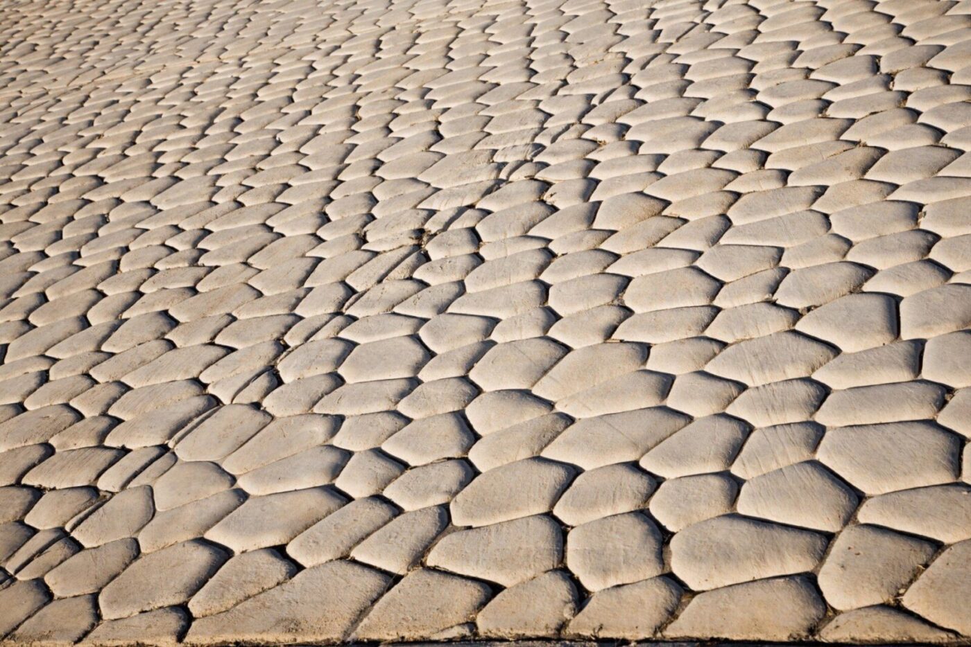 A texture resembling cracked, dry earth with interlocking, irregularly shaped beige pieces creating a mosaic-like pattern. The surface appears parched and devoid of moisture, akin to Naples Manor's arid landscapes or a dried-up lake bed. Consider decorative concrete for a unique finish.